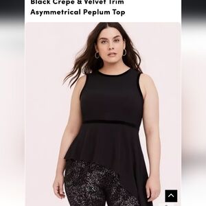 3/$30 Black Crepe & Velvet Trim Asymmetrical Peplum Top